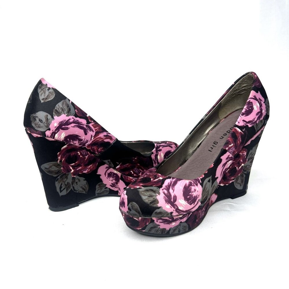 Madden Girl Floral Platform Wedge Heels Black/Pink Size 6.5